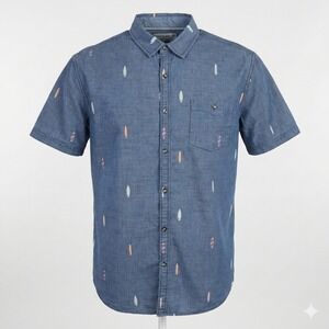 Free Planet Surfboard Print Chambray Shirt Mens XL Button Up Short Sleeve Casual